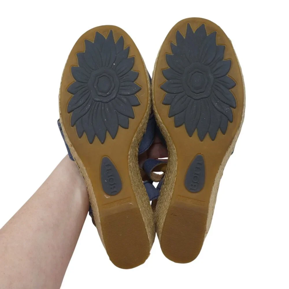 Born Monticello Blue Suede Jute Wrapped Wedge Heels Sandals Espadrilles Womens 8